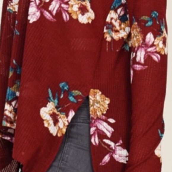 ❌DONATED❌Burgundy Wine Floral Print Waffle V-neck Long Sleeve Top - Picture 5 of 11
